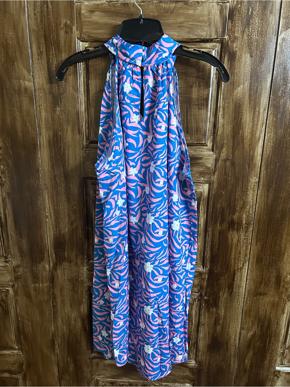 Umgee Blue,Pink,White Halter Dress with Floral-Stripe Print SizeM Keyhole Cutout - Picture 2 of 8